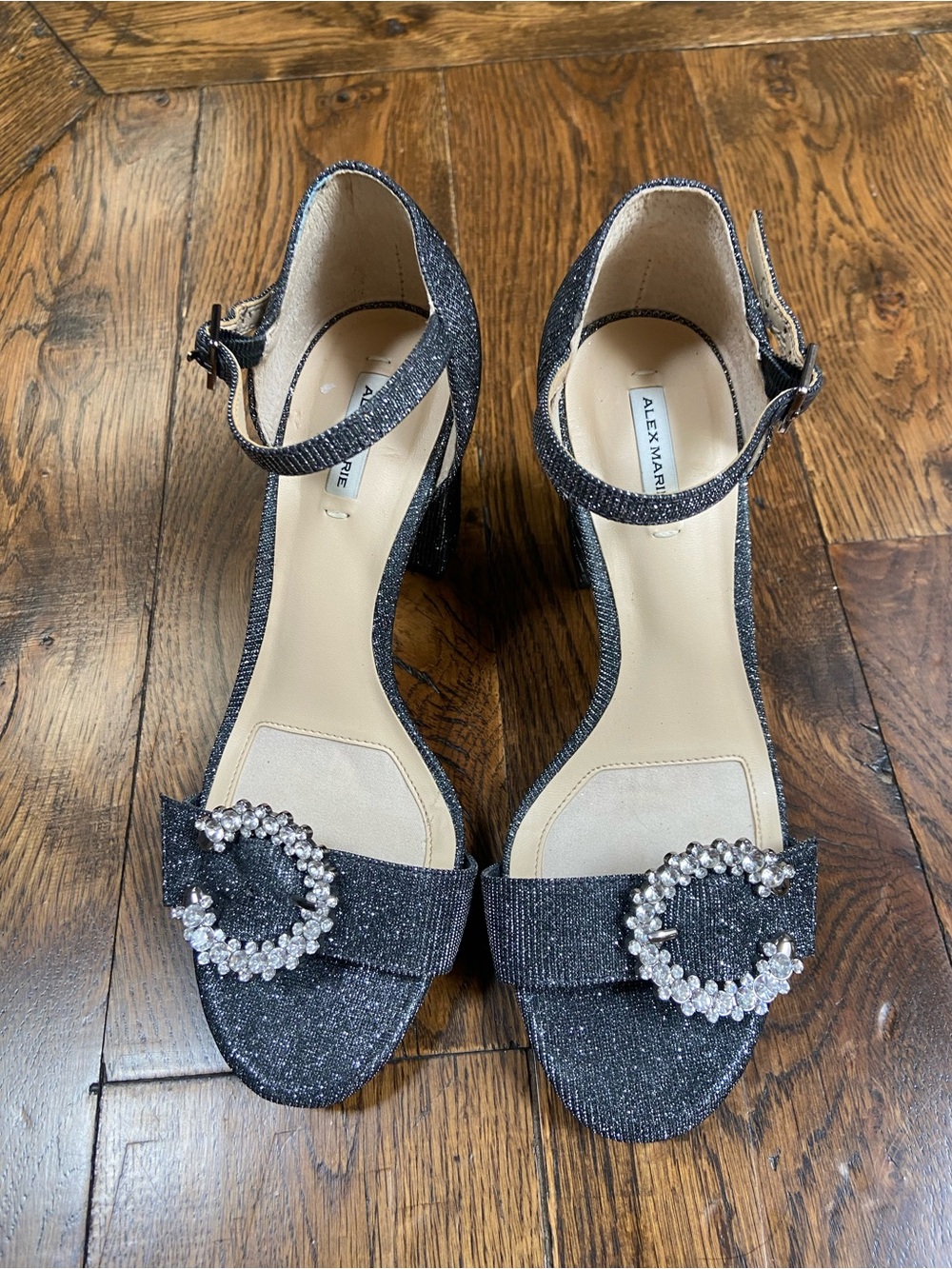 Alex Marie Black Glitter Ankle-Strap Block Heels with Crystal Buckle